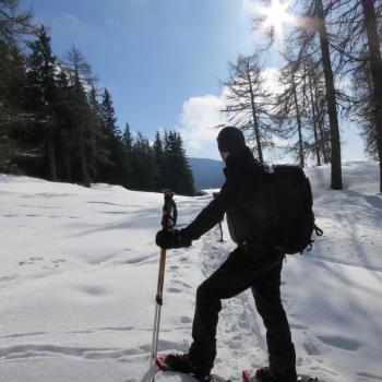 Zuerst ist es noch ziemlich ungewohnt, mit den angeschnallten Schneeschuhen das Laufen zu versuchen, doch unser Schneeschuhguide weißt uns hervorragend ein - (c) Eva-Maria Mayring