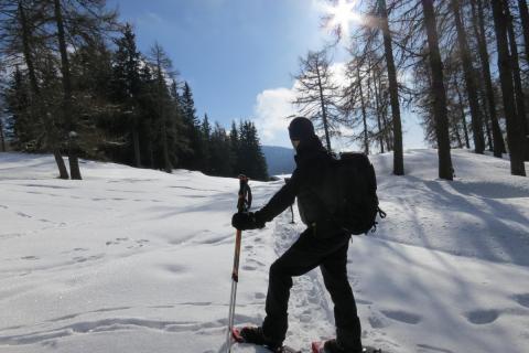 Zuerst ist es noch ziemlich ungewohnt, mit den angeschnallten Schneeschuhen das Laufen zu versuchen, doch unser Schneeschuhguide weißt uns hervorragend ein - (c) Eva-Maria Mayring